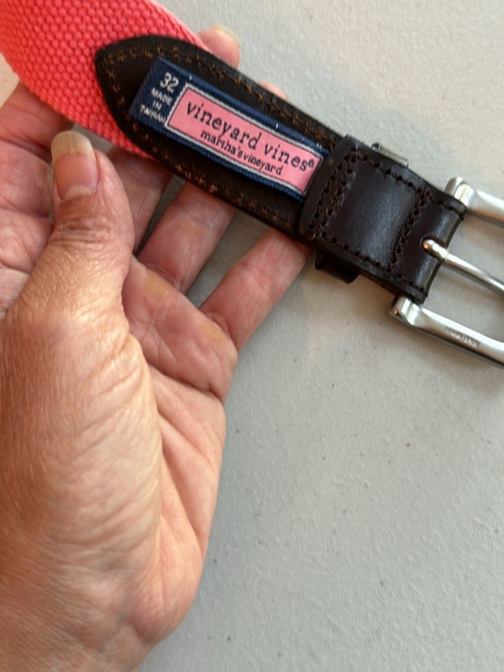 Vineyard Vines Pink Canvas Belt with Dark Brown Leather and Silver Buckle